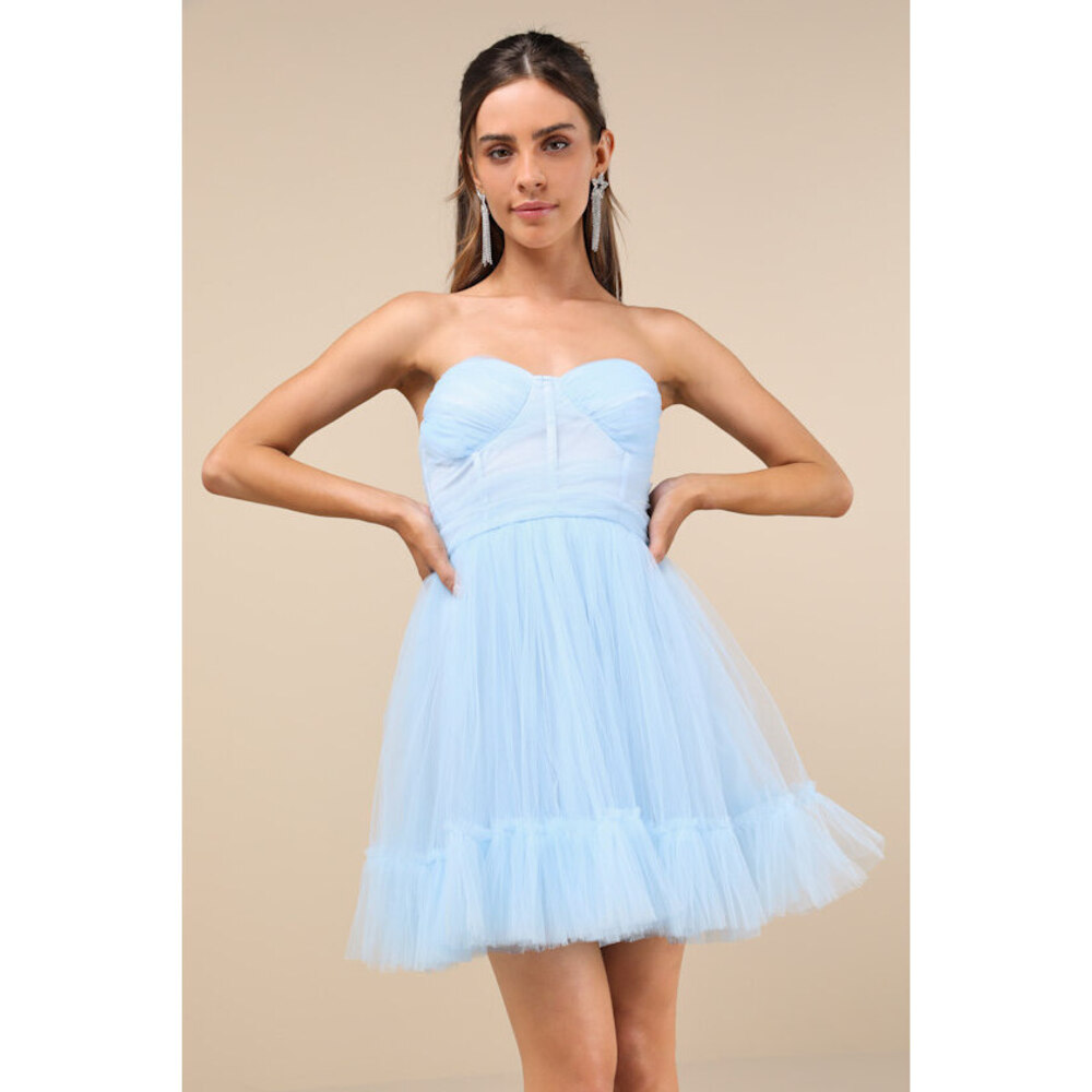 Lulus Lovely Flirtation Light Blue Tulle Strapless Bustier Mini Dress - Size S